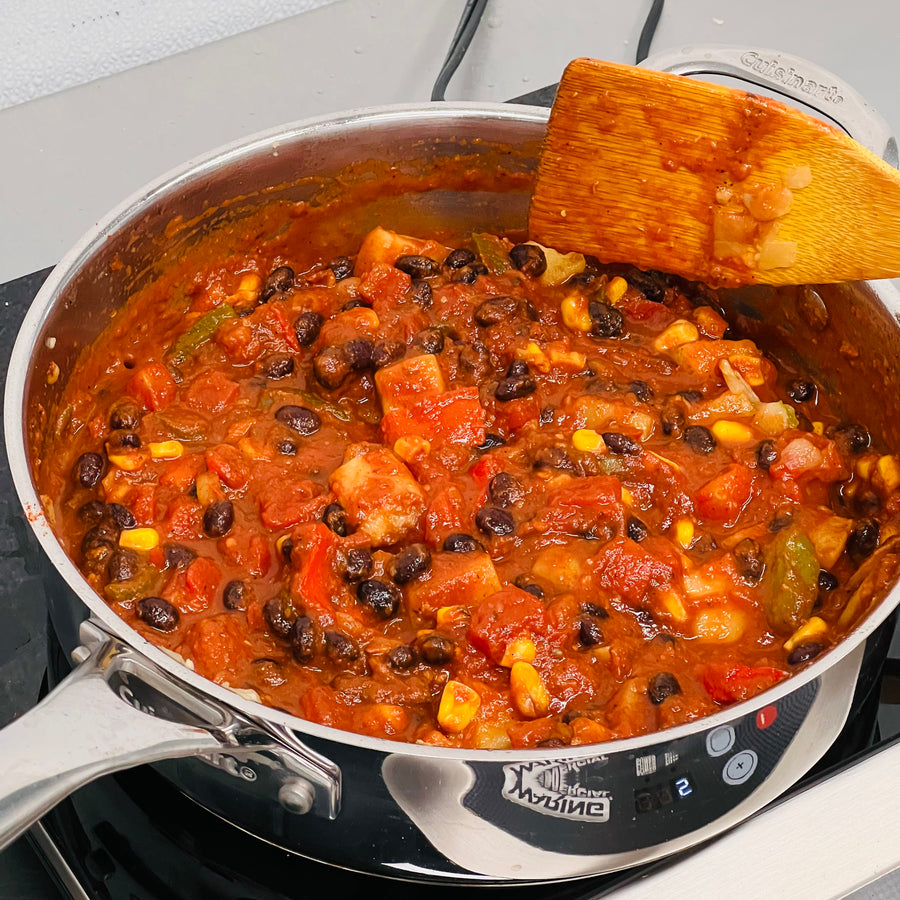 Easy Skillet Tacos: Easy delicious, one pot, crowd-pleaser dinner. Black beans, potatoes, corn, and peppers, sautéed with Mexican spices, robust tomato  sauce and corn tortillas, comes together in 20 minutes.