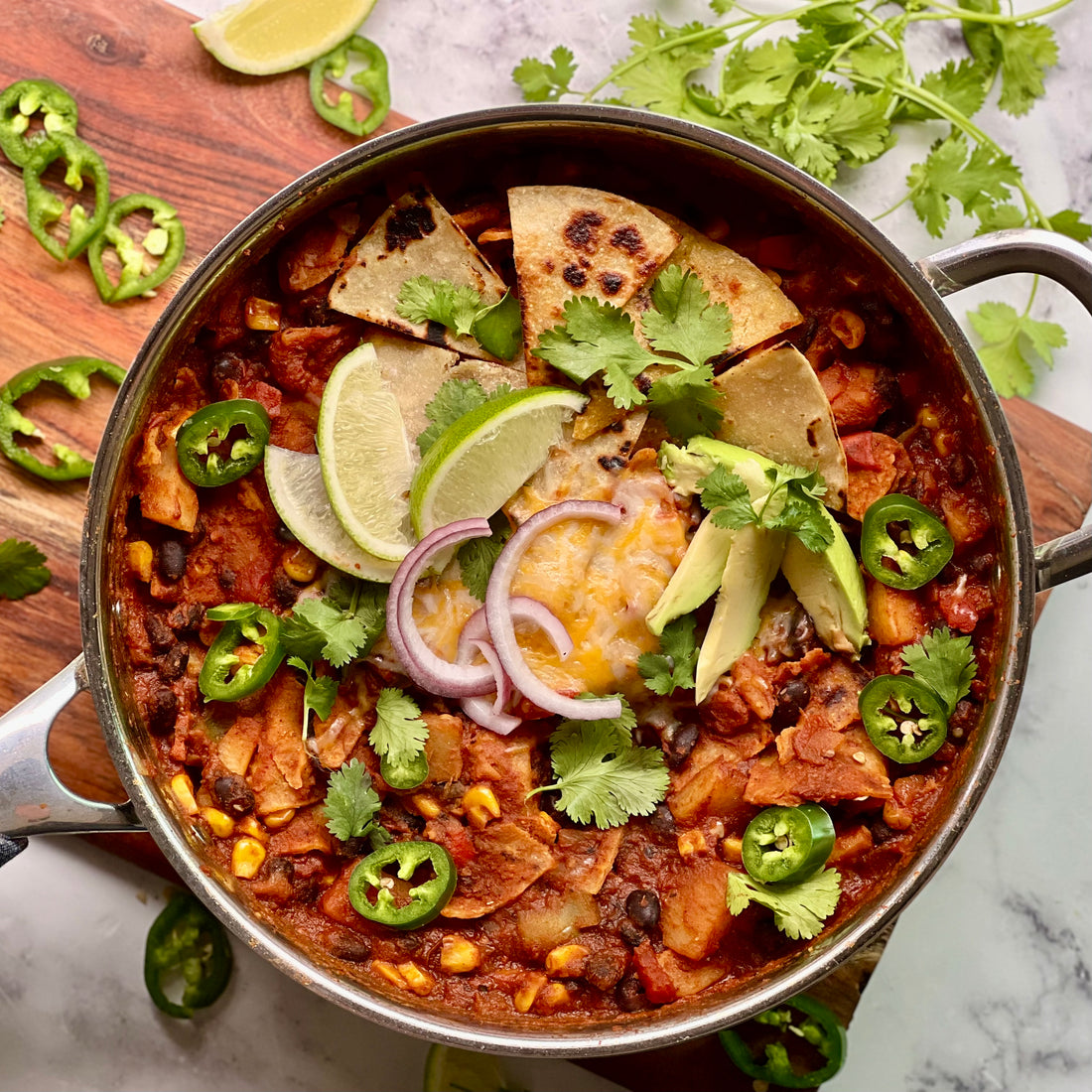 Easy Skillet Tacos: Easy delicious, one pot, crowd-pleaser dinner. Black beans, potatoes, corn, and peppers, sautéed with Mexican spices, robust tomato  sauce and corn tortillas, comes together in 20 minutes.