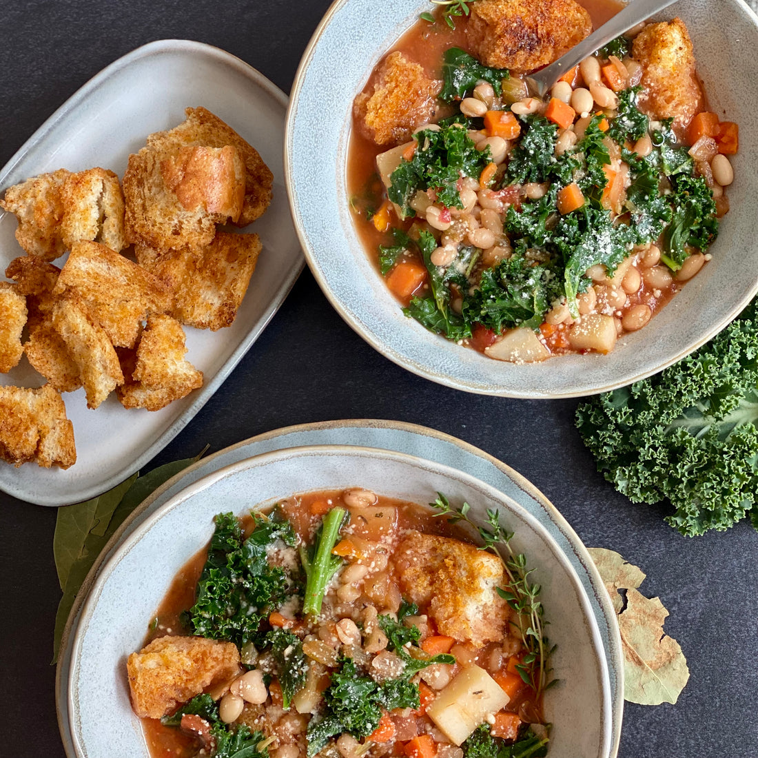 Ribollita: A healthy Italian inspired soup packed with seasonal vegetables, protein rich beans, nutritious greens simmered in rich herb-tomato broth, served with warm bread croutons is the ultimate bowl of comfort food.