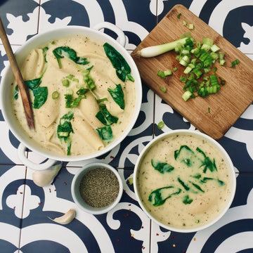 Alfredo Shell Soup:Rich, creamy, silky, delicate white version of robust Italian tomato based sauce. Tender pasta simmered in broth sauce, delicately spiced with aromatic herbs, beans and spinach with velvety cashew cream, is comforting yet elegant dinner. 